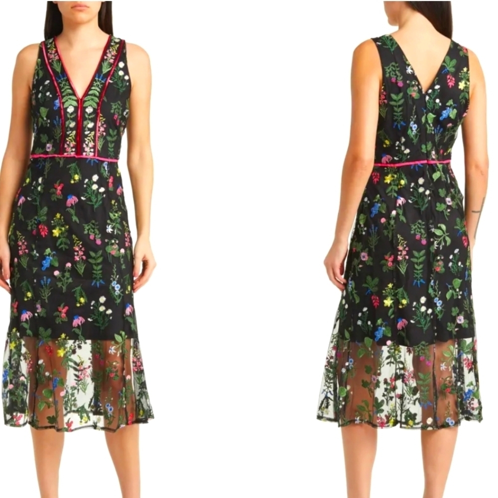 Sam Edelman Floral Embroidered Mesh Sheer Midi Dress. S 14. Fairy Dark Romance